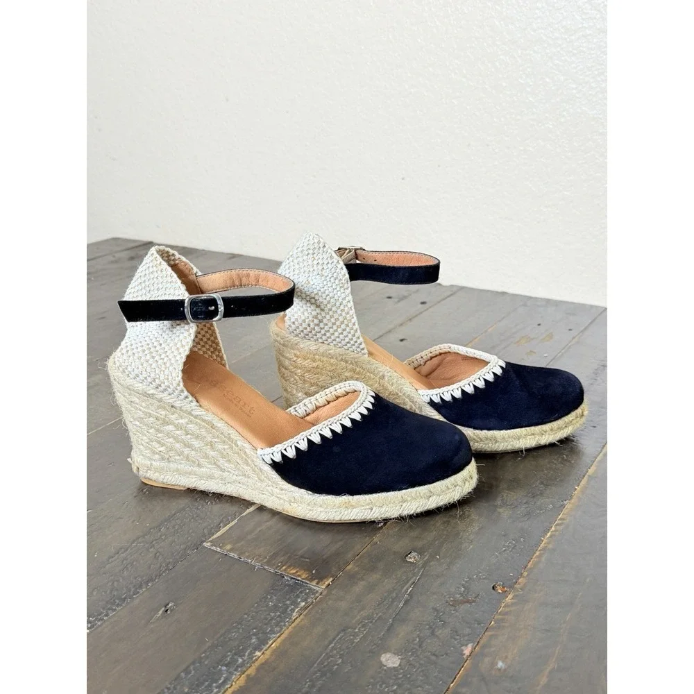 Apaseart Women's Black Suede Leather Espadrille Wedge Ankle Strap Shoes EU 37